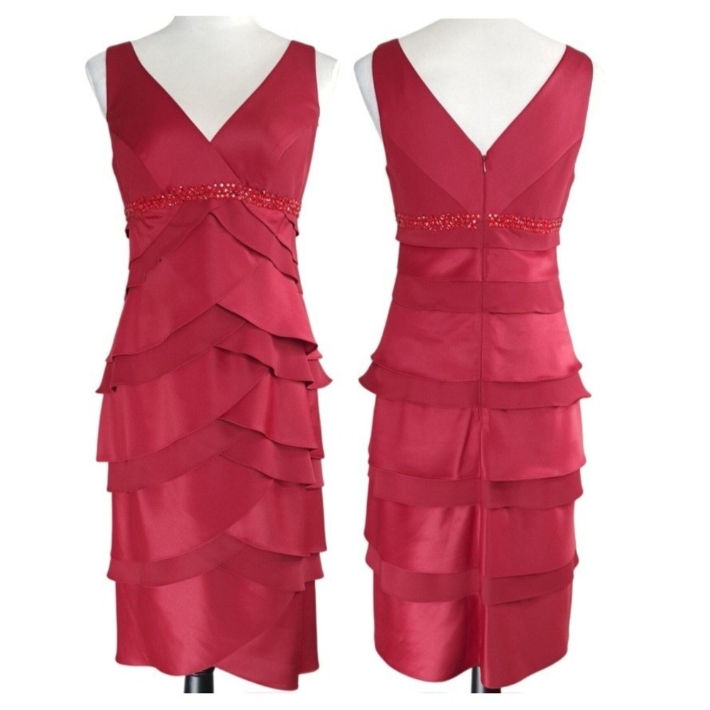 ALEX EVENINGS Tiered Ruffle Dress Size 6 Red Beaded Sleeveless Lined Elegant